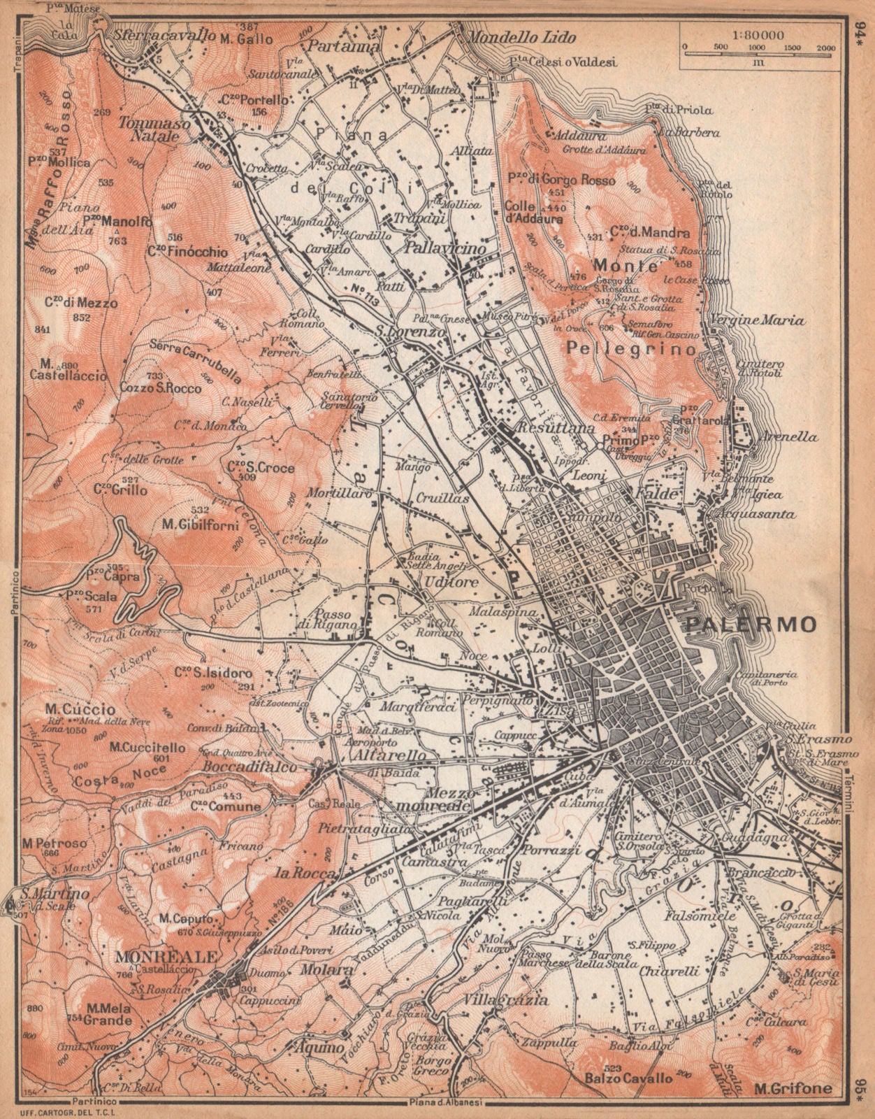 PALERMO & environs. Italy 1958 old vintage map plan chart